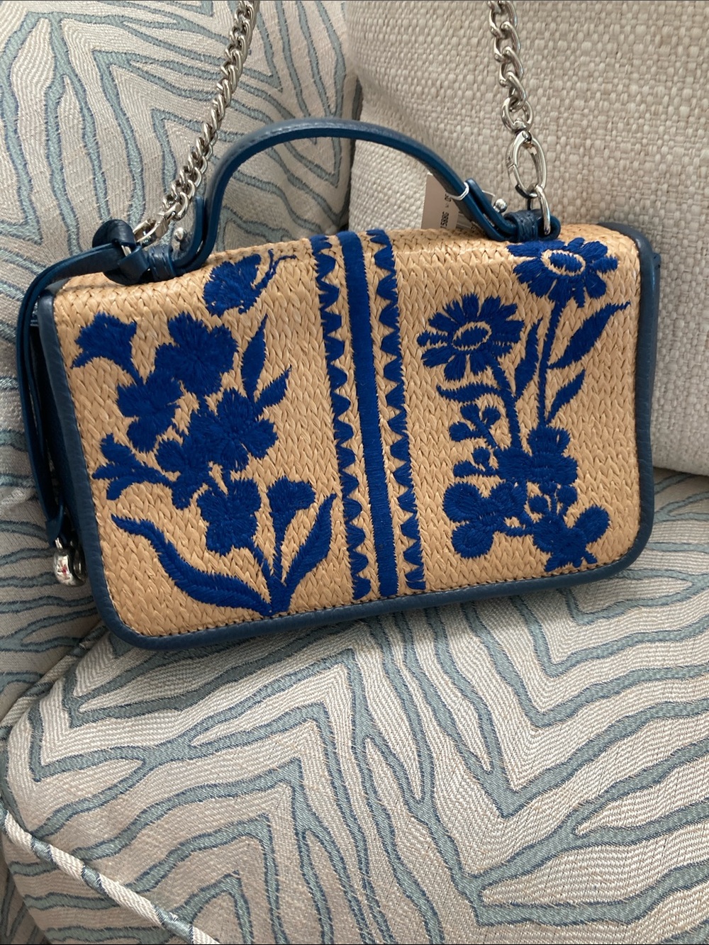 Brighton Natural Straw and Blue Leather Embroidered Crossbody Bag